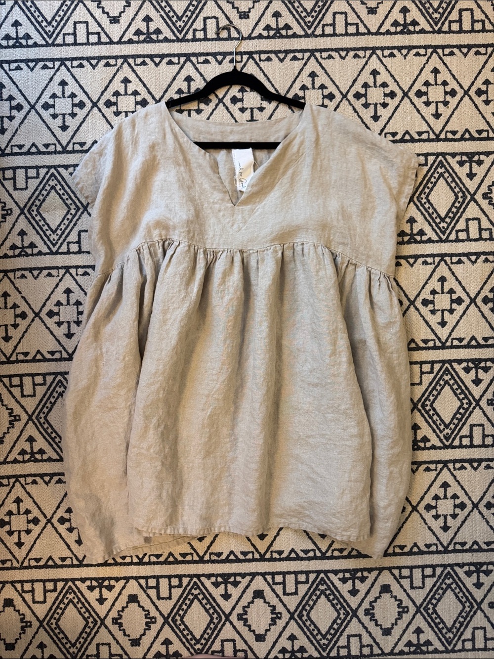 Relaxed Beige Organic Linen Babydoll Tunic with V-Notch NWOT